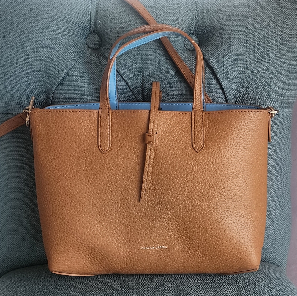 Draper James Tan and Light Blue Reversible Leather Tote and Crossbody Bag